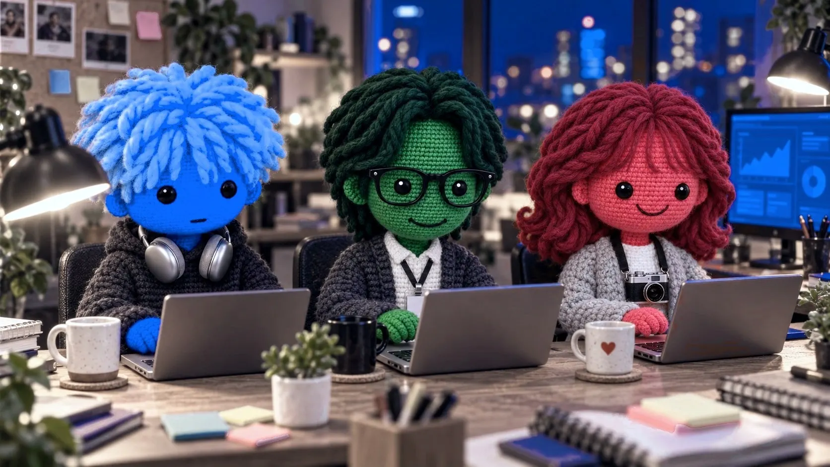 Yarn-doll teammates Lucas, Jun and Emily writing code at laptops in a night office