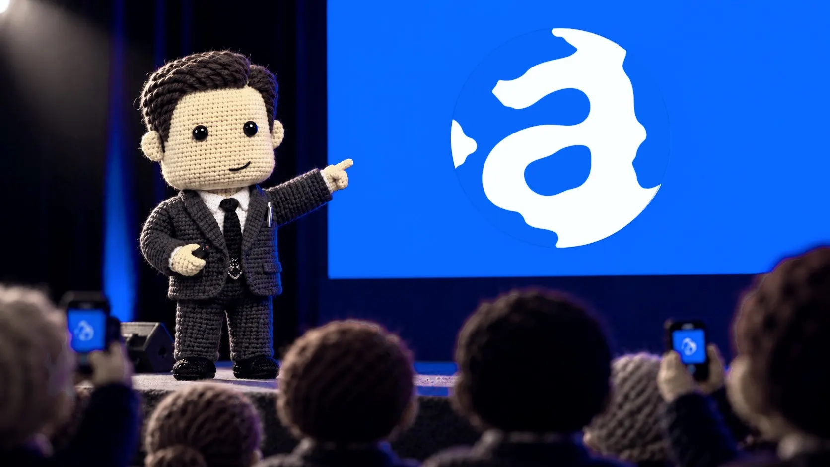 Yarn-doll Mark on a conference stage pointing at a big blue screen with the affitok globe symbol, an audience filming with phones
