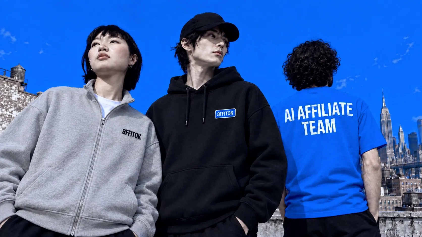 Three people on the New York rooftop in different affitok clothes: a gray zip jacket, the black cap and black hoodie from the lookbook with the blue aFFITOK chest patch, and a blue tee seen from the back reading AI AFFILIATE TEAM