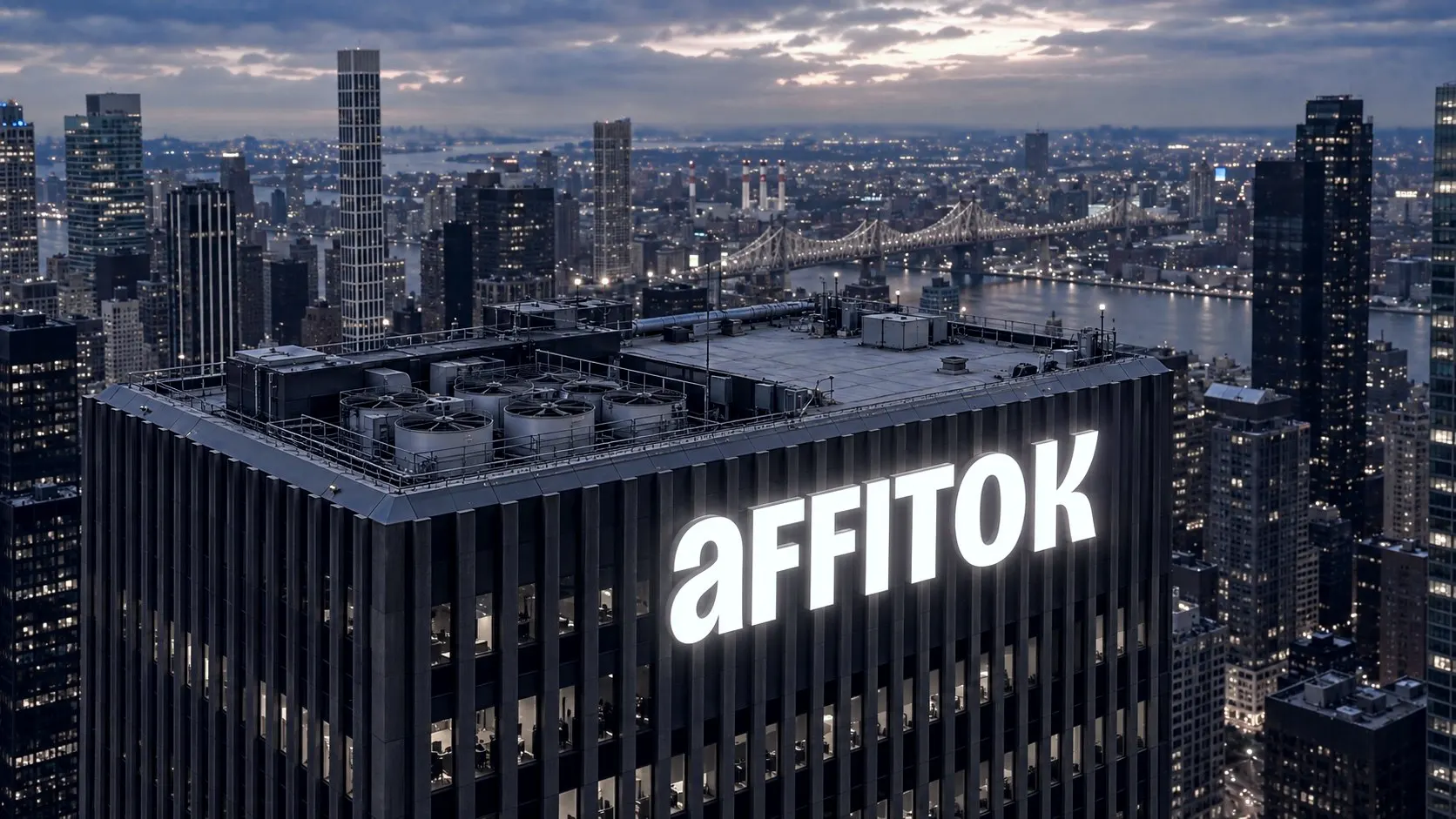 Lit white affitok wordmark letters on the crown of a Manhattan tower at dusk, seen from above with the river and bridge behind