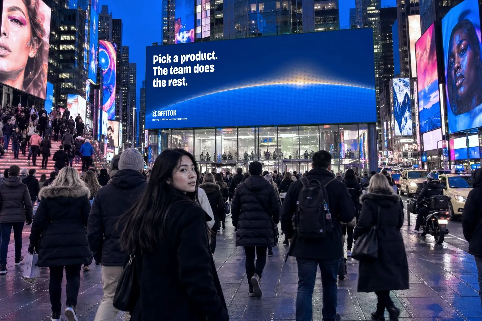 Times Square at blue hour with every surrounding screen sharp: the giant affitok billboard shows an early sun rising over the rim of a blue earth, the headline Pick a product. The team does the rest. and the wordmark with slogan at bottom left; a crowd in winter coats crosses the plaza and a young woman looks back over her shoulder, red TKTS steps on the left, yellow cabs on the right