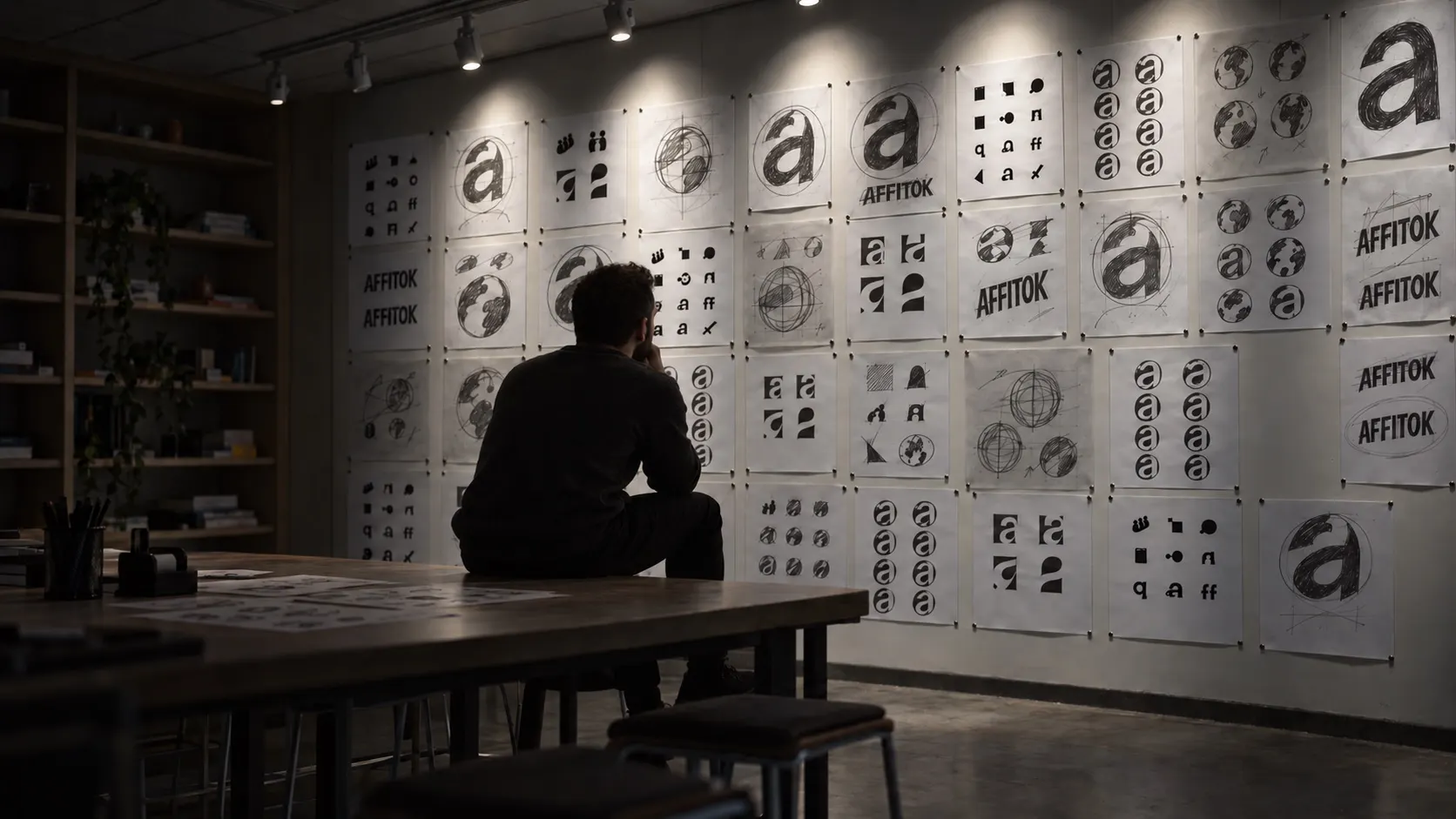 A designer sits on the table edge, chin on his hand, looking up at a studio wall covered with pencil sketches of the a in a circle, the globe a and the AFFITOK wordmark