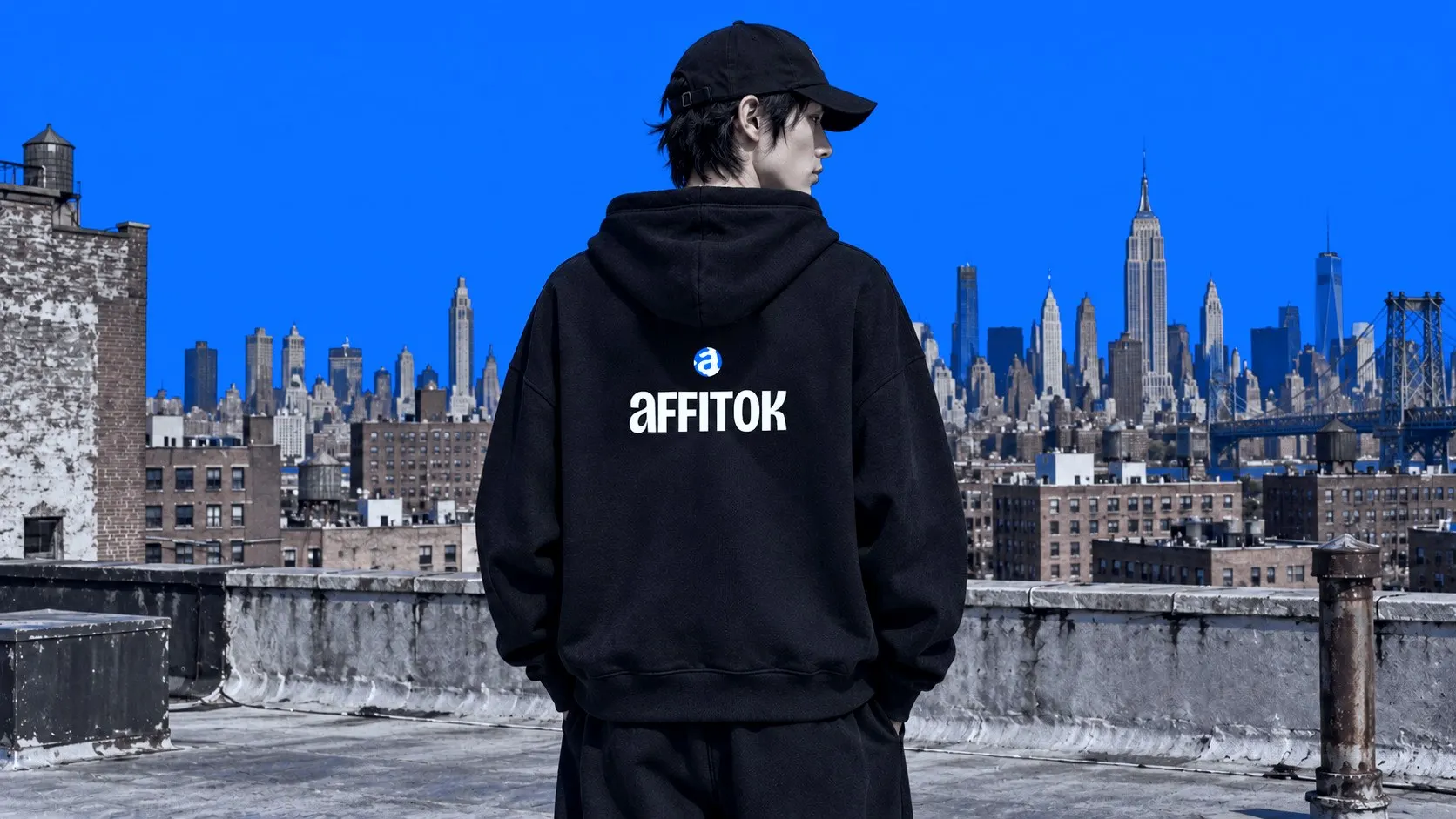 Model seen from behind in a black hoodie with the affitok back print