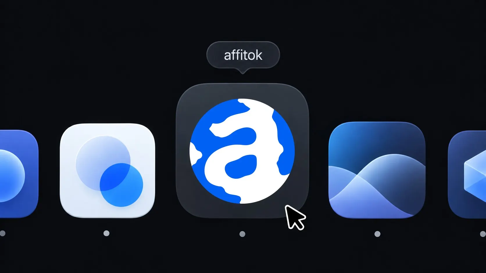 MacBook Dock with the affitok app: the globe symbol on a dark rounded tile, tooltip affitok