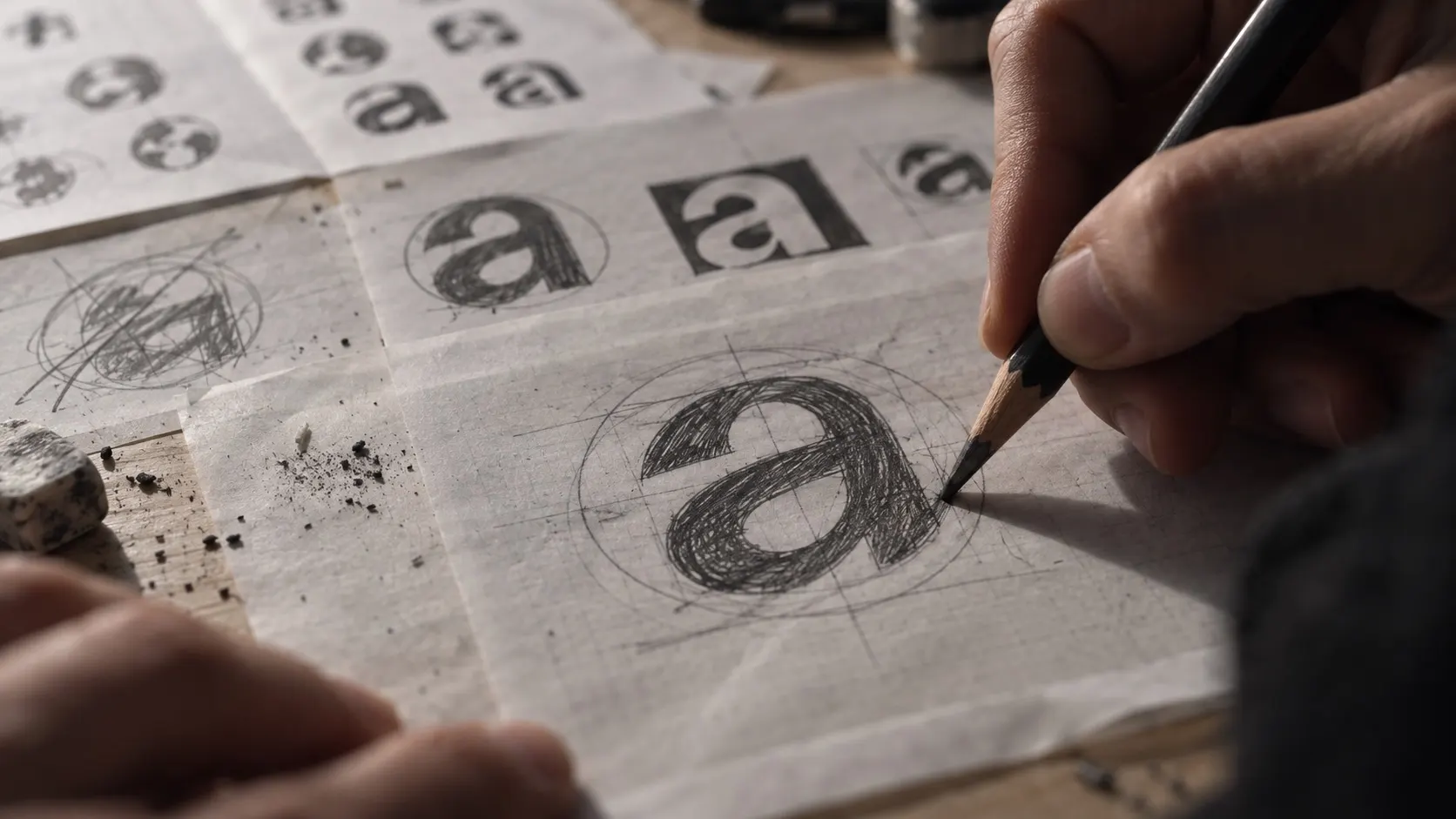 Close-up of a hand drawing the lowercase a inside a construction circle in pencil on tracing paper, eraser crumbs on the desk