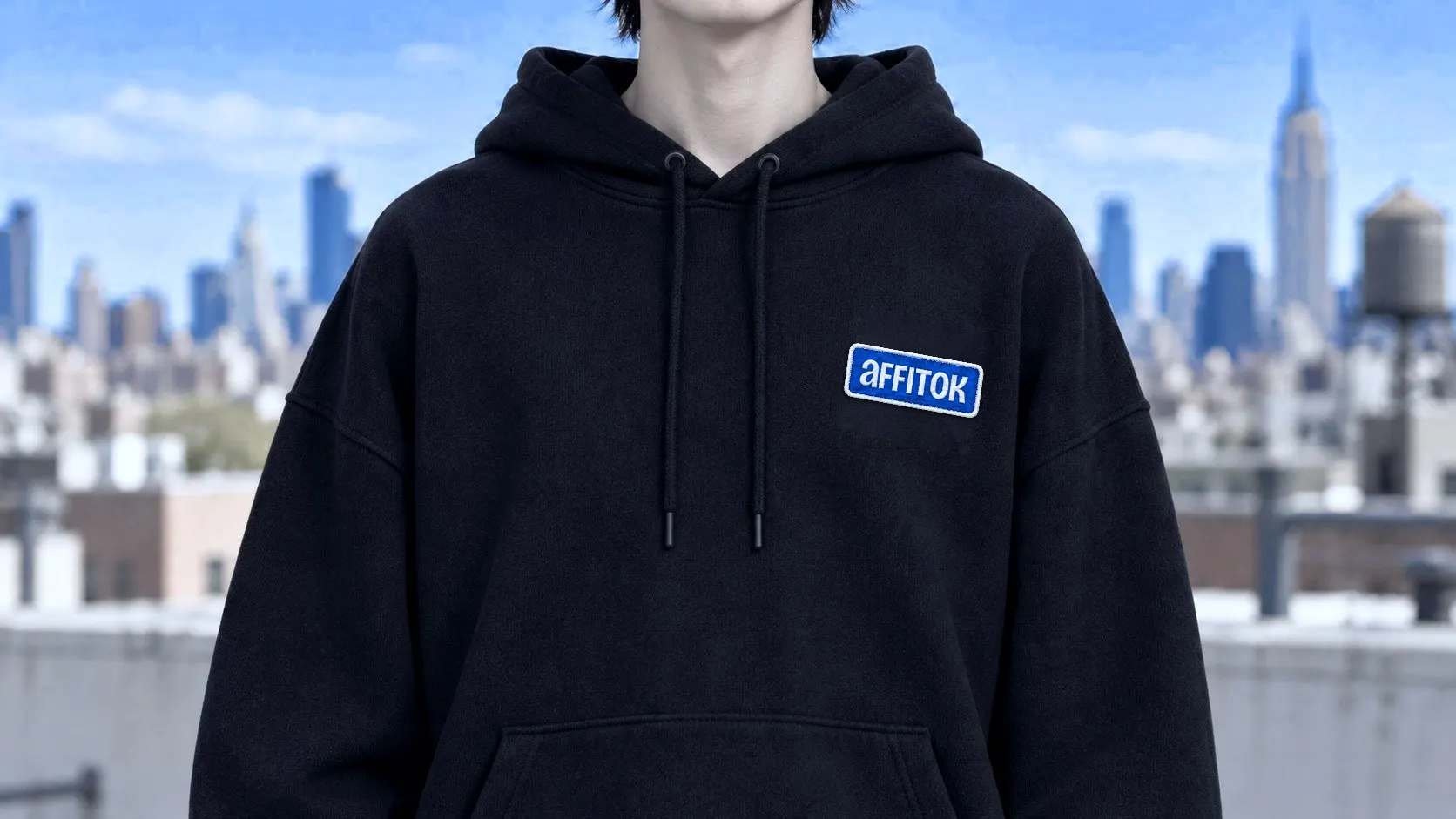 Chest close-up of a black hoodie with an embroidered blue affitok patch