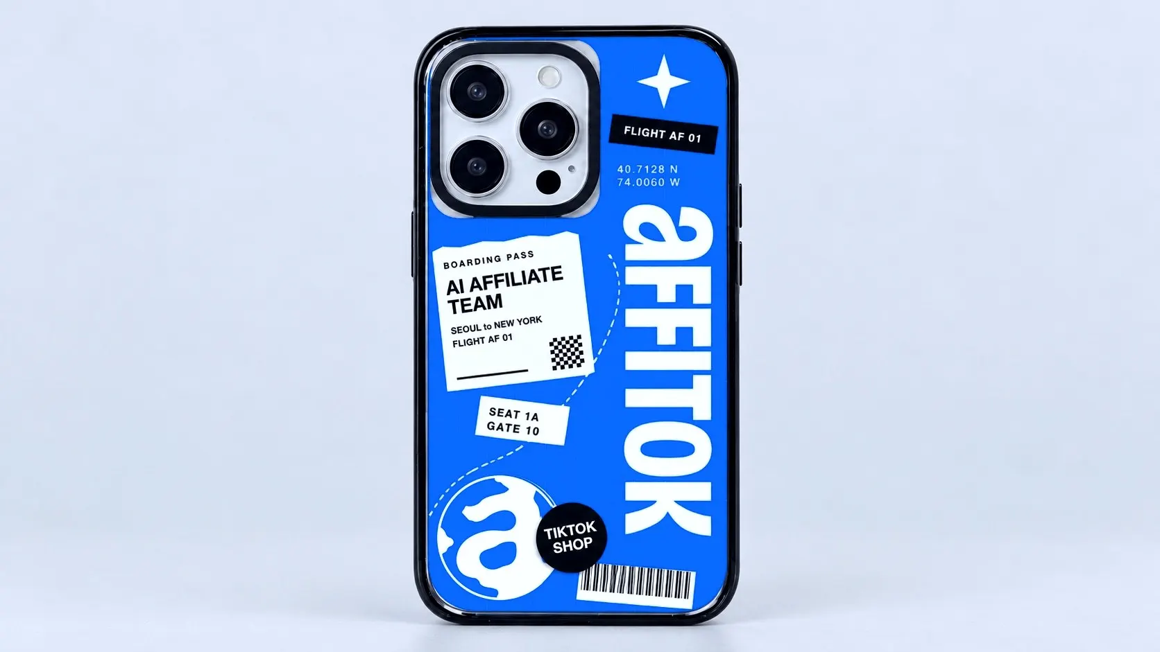 Clear phone case printed edge to edge in blue, with the vertical affitok wordmark over a boarding pass, tags and the globe symbol sticker with its white outline (concept mock)
