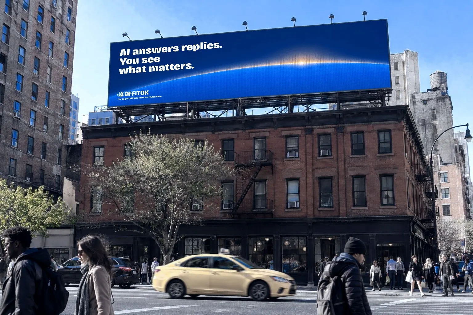 affitok billboard on top of a brick corner building on a clear day: the headline AI answers replies. You see what matters. above an early sun over a blue earth; pedestrians cross the street below and a yellow cab drives past