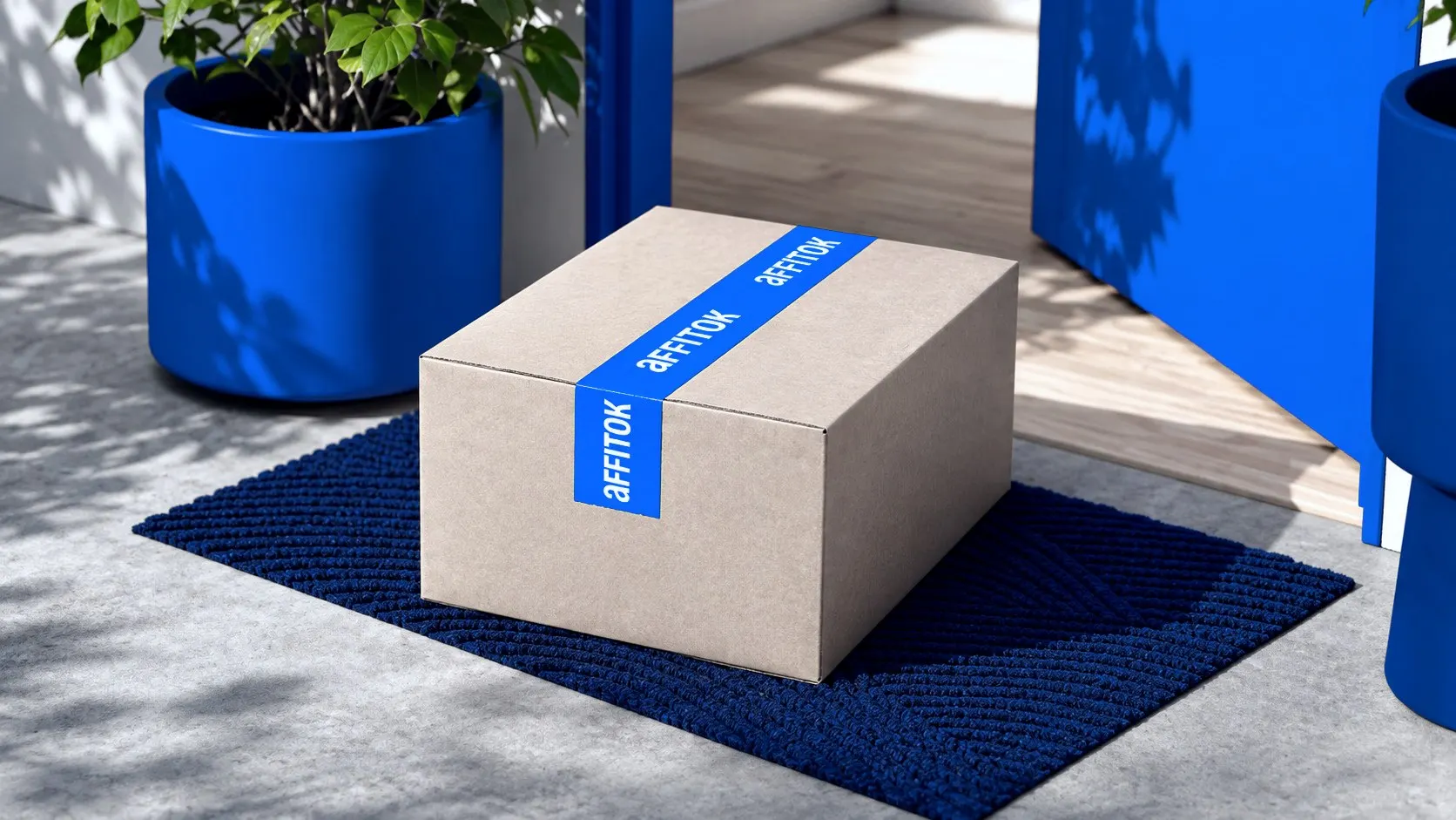 Shipping box sealed with blue affitok tape on a doormat