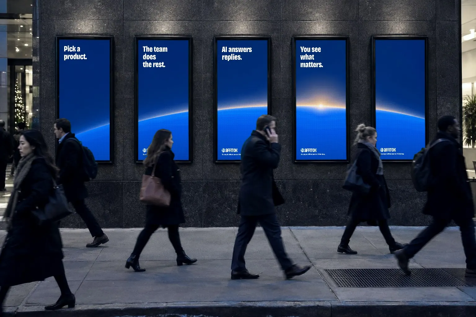 Five lit affitok posters on a dark stone wall in the evening: one blue earth horizon runs across all five and the sun rises on the fourth, headlines Pick a product., The team does the rest., AI answers replies., You see what matters.; commuters walk past, one on a phone call